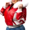 8 Ball 90s Women's Red Fox Fur Hood Leather Jacket