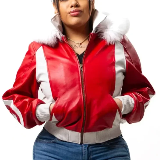 8 Ball 90s Women's Red Fox Fur Hooded Leather Jacket