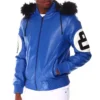 8 Ball Blue Bomber Shearling Fur Hooded Leather Jacket