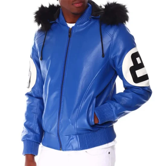 8 Ball Blue Bomber Shearling Fur Hooded Leather Jacket