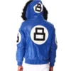 8 Ball Blue Men's Bomber Shearling Fur Hood Leather Jacket