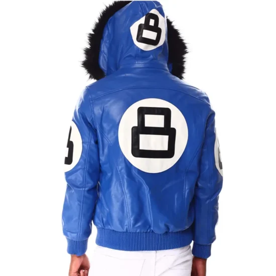 8 Ball Blue Men's Bomber Shearling Fur Hood Leather Jacket