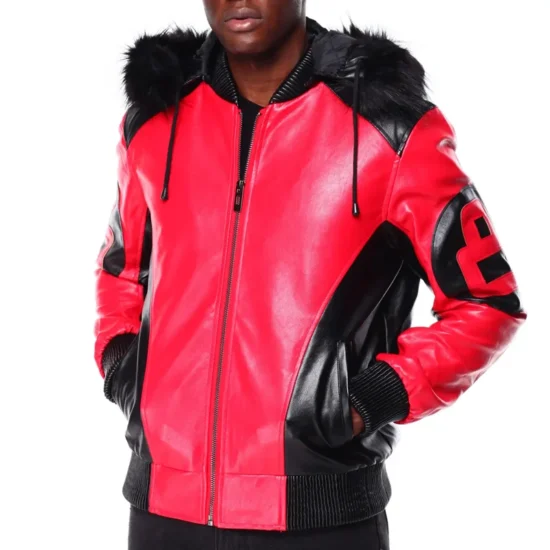 8 Ball Color Block Men's Red and Black Fur Hooded Bomber Real Leather Jacket