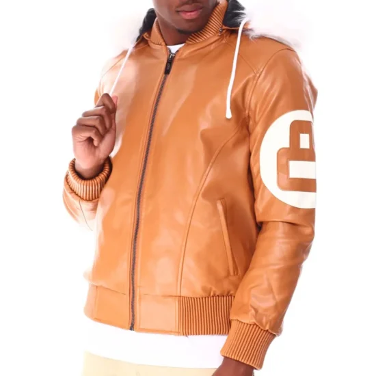 8 Ball Light Men's Brown Fur Hood Bomber Leather Jacket