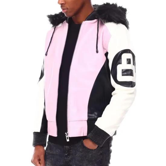 8 Ball Men's Color Block Pink and Black Faux Fur Hood Bomber Leather Jacket