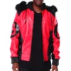 8 Ball Men's Color Block Red and Black Fur Hooded Bomber Leather Jacket