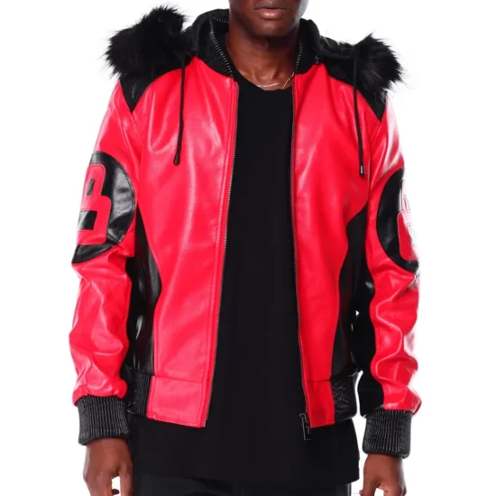 8 Ball Men's Color Block Red and Black Fur Hooded Bomber Leather Jacket