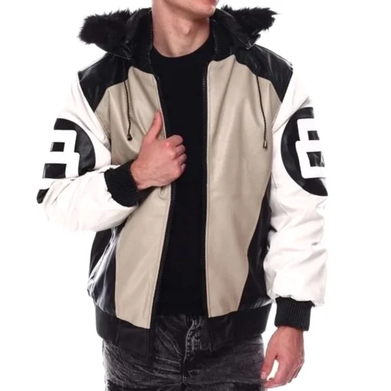 8 Ball Men's Color Block Sand Faux Fur Hood Bomber Leather Jacket