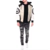 8 Ball Men's Color Block Sand and Black Fur Hood Bomber Leather Jacket