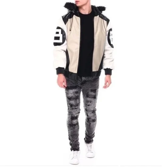 8 Ball Men's Color Block Sand and Black Fur Hood Bomber Leather Jacket