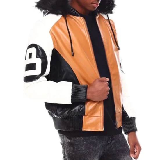 8 Ball Men's Color Block Timber Fur Hooded Bomber Leather Jacket