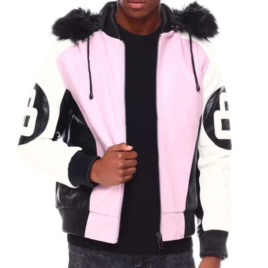 8 Ball Men's Color Block Tri Color Faux Fur Hood Bomber Leather Jacket