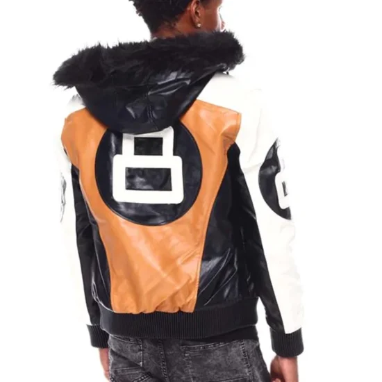 8 Ball Men's Color Block Tri Color Fur Hooded Bomber Leather Jacket