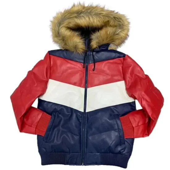 8 Ball Men's Fur Hooded Tri Color Sheepskin Leather Jacket