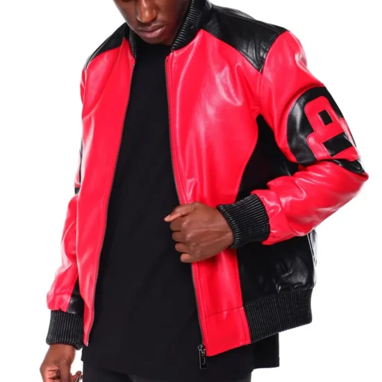 8 Ball Men's Red and Black Fur Hooded Bomber Leather Jacket