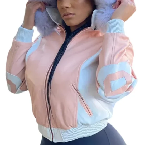 8 Ball Women's Baby Pink Fox Fur Hooded Leather Jacket