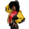 8 Ball Women's Color Block Yellow Fox Fur Hooded Leather Jacket
