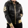 8 Ball Women's Inspired By David Puddy Black Bomber Hooded Leather Jacket