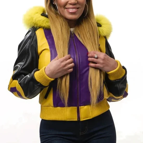 8 Ball Women's Purple Fox Fur Hooded Leather Jacket