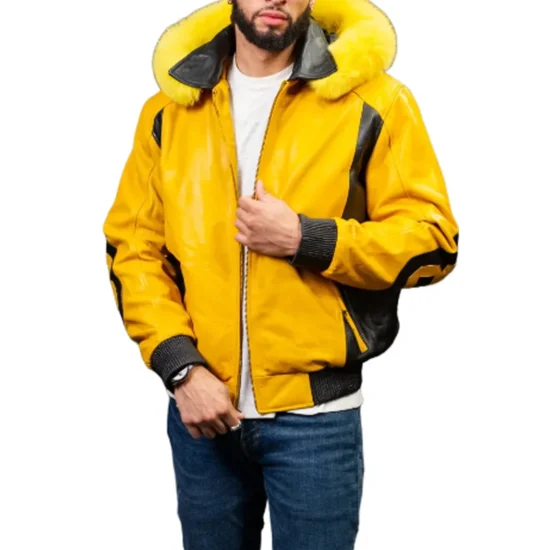 8 Ball Yellow Men's Fox Fur Hooded Leather Jacket