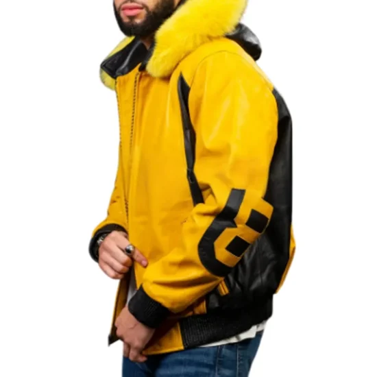 8 Ball Yellow and Black Men's Fox Fur Hooded Leather Jacket