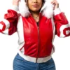 90s Eight Ball Women's Red & White Fox Fur Hooded Leather Jacket