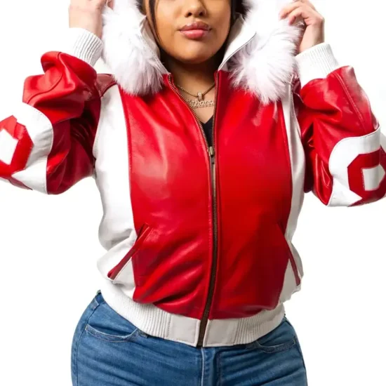 90s Eight Ball Women's Red & White Fox Fur Hooded Leather Jacket
