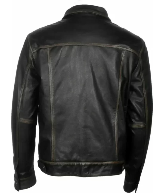 Aaron Men’s Black Distressed Vintage Real Leather Trucker Racer Jacket