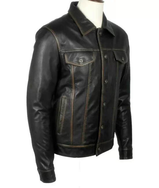 Aaron Men’s Black Distressed Vintage Leather Trucker Racer Jacket
