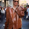 Alessandra Ambrosio Brown Top Leather Jacket
