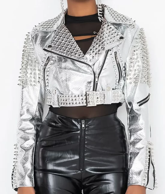 Alexa Bliss Silver Spike Studded Biker Genuine Leather Jacket