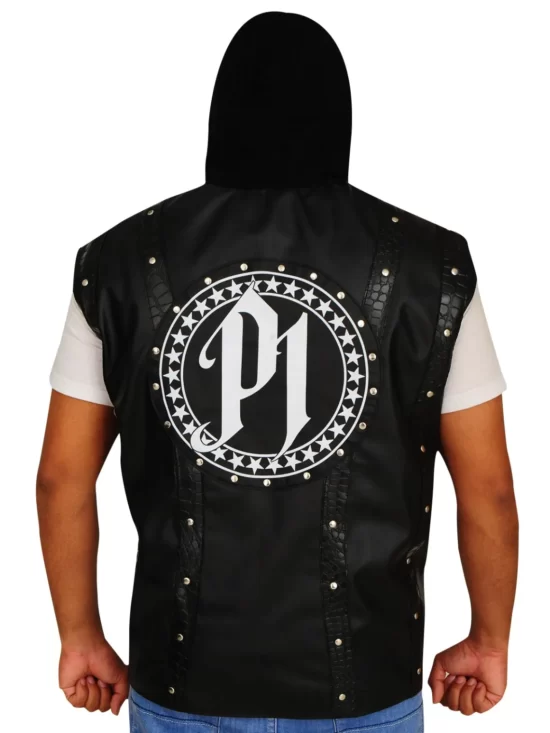 Allen Neal Jones AJ Styles P1 Logo On Back Black Hooded Leather Vest