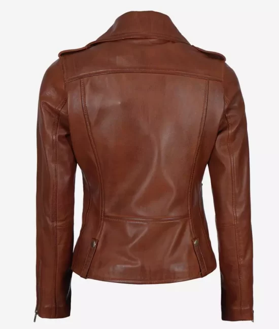 Amber Womens Cognac Asymmetrical Leather Moto Jacket BAck