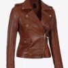 Amber Womens Cognac Asymmetrical Motorcycle Full Grain Leather Jacket