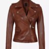 Amber Womens Cognac Asymmetrical Motorcycle Top Grain Leather Jacket