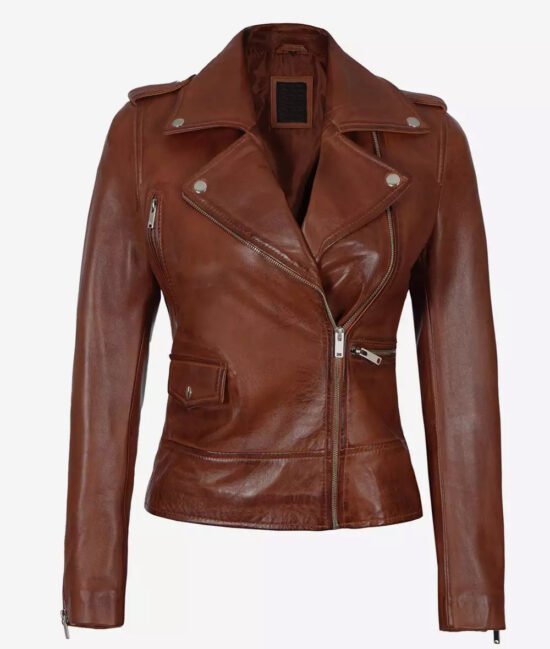 Amber Womens Cognac Asymmetrical Motorcycle Top Grain Leather Jacket