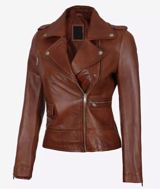 Amber Women's Cognac Asymmetrical Top Grain Leather Jacket