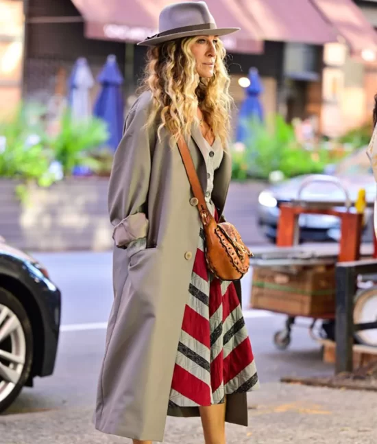 And Just Like That Carrie Bradshaw Grey Leather Coat