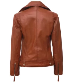 Angela Womens Tan Asymmetrical Leather Moto Jacket Back