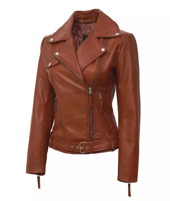 Angela Women's Tan Asymmetrical Motorcycle Genuine Leather Jacket