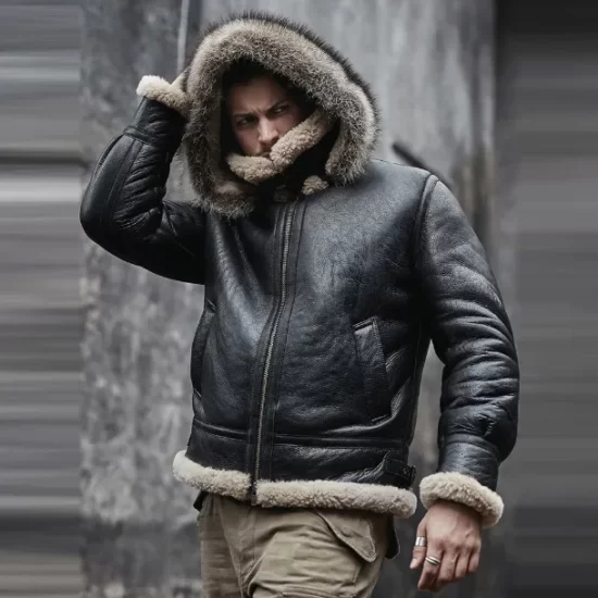 Antonio-SF PremuimHooded Shearling Fur Black Bomber Jacket