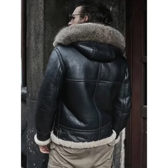 Antonio-SF Pure Hooded Shearling Fur Black Bomber Jacket