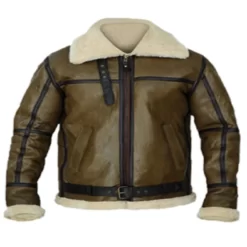 Army Greenish Brown Shearling Real Leather Jacket