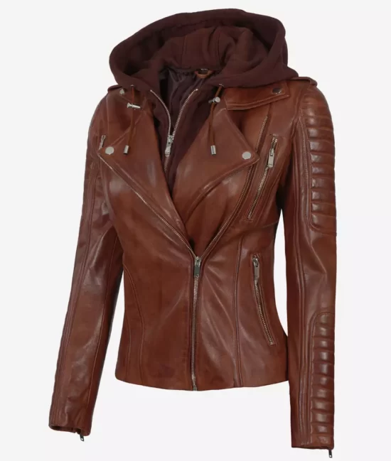 Bagheria Cognac Womens Best Leather Jacket with Hood
