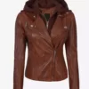 Bagheria Cognac Women's Full Genuine Leather Jacket with Hood