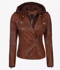 Bagheria Cognac Women's Full Genuine Leather Jacket with Hood