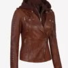 Bagheria Cognac Womens Top Leather Jacket with Hood