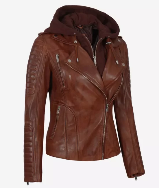 Bagheria Cognac Womens Top Leather Jacket with Hood