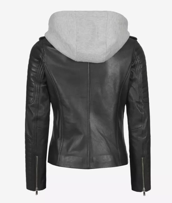 Bagheria Womens Top Notch Black Leather Jacket with Hood BAck
