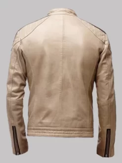 Beige Leather Moto Jacket Back